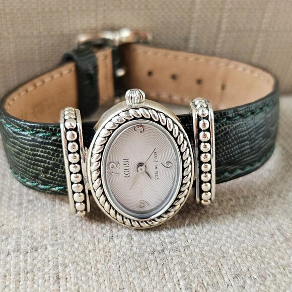 Ecclissi Sterling Silver Ladies Wristwatch Green Tone Genuine Leather Strap Watc - Picture 4 of 13